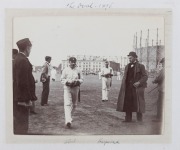 THE AUSTRALIAN CRICKET TEAM IN ENGLAND, 1896, A vintage leather-bound photo album (faults) containing a collection of 48 silver gelatin photographs which appear to be by one of the team members or part of the entourage. Many of the pics are identified an