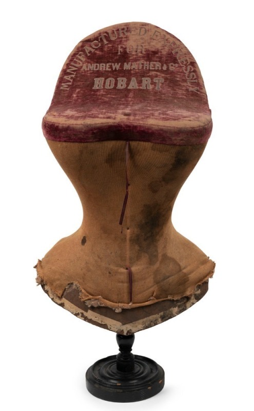 ANDREW MATHER rare Colonial shop display corset mannequin bust on turned timber stand, 19th century, stamped "MANUFACTURED EXPRESSLY FOR ANDREW MATHER & CO., HOBART, MADE IN BELGIUM", 67cm high.