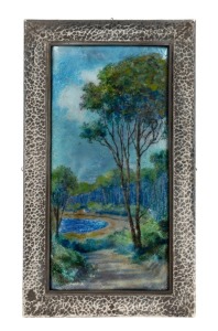 CHARLES FLEETWOOD VARLEY impressive hand-painted enamel landscape plaque, signed lower left "Varley", house in hand-beaten Australian silver frame by SARGISON of Hobart, early 20th century, approximately 17 x 10cm overall