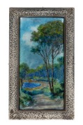 CHARLES FLEETWOOD VARLEY impressive hand-painted enamel landscape plaque, signed lower left "Varley", house in hand-beaten Australian silver frame by SARGISON of Hobart, early 20th century, approximately 17 x 10cm overall