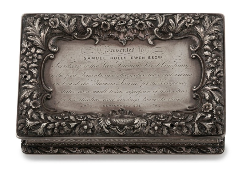 VAN DIEMEN'S LAND INTEREST: Rare presentation sterling silver snuff box ​​​​​​​with original gilt wash interior, engraved "Presented to SAMUEL ROLLS EWEN Esqre, Secretary to the Van Diemen’s Land Company by the first Tenants and others, upon their embarki