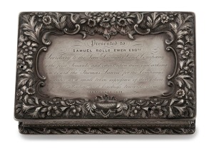 VAN DIEMEN'S LAND INTEREST: Rare presentation sterling silver snuff box ​​​​​​​with original gilt wash interior, engraved "Presented to SAMUEL ROLLS EWEN Esqre, Secretary to the Van Diemen’s Land Company by the first Tenants and others, upon their embarki