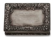 VAN DIEMEN'S LAND INTEREST: Rare presentation sterling silver snuff box ​​​​​​​with original gilt wash interior, engraved "Presented to SAMUEL ROLLS EWEN Esqre, Secretary to the Van Diemen’s Land Company by the first Tenants and others, upon their embarki