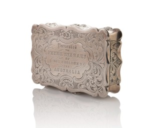 An antique sterling silver snuff box "Presented TO PETER STEWART BY HIS CHILDREN IN AUSTRALIA", made by Hilliard & Thomason of Birmingham, 1859, 9cm wide, 126 grams