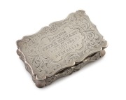 An antique sterling silver snuff box "Presented TO PETER STEWART BY HIS CHILDREN IN AUSTRALIA", made by Hilliard & Thomason of Birmingham, 1859, 9cm wide, 126 grams - 2