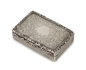 SYDNEY INTEREST, FRENCH CONSULAR: Antique sterling silver snuff box with engraved floral decoration and original gilt wash interior, inscribed inside the lid "Presented by Lennox T. Cunningham, Esqre MD. R.N., by the Executor of The late Mons.r Faramond, Consul of France, at Sydney, in remembrance of his great attention during his last illness", by Joseph Angell & Joseph Angell Jnr, London, circa 1849, 9.7cm wide