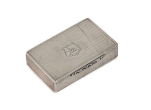 BARQUE ABBERTON, CAPTAIN JNO. CATT. Antique sterling silver snuff box engraved "Presented to Capt. Jno. Catt, BARQUE ABBERTON, As A Mark Of Esteem And Regard By Mr. H.d. COCKBURN, Mr. RICH.d. BROWNE, Mr. E. OVERBURY, Mr. A. WAUCHOPE, Mr. H. J. HATCH, Mr. Ed.md. CRISP, Mr. J. MAUGHAN, Sydney, July 1841". Made by Edward Smith of London, circa 1840, 8.5cm wide, 121 grams