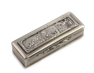 CAPTAIN SOMERSET, 51st REGIMENT: Antique silver snuff box with repousse coursing scene decoration, engraved inside the lid "PRESENTED TO Capt. Somerset HM 51st REGT, as a token of respect for his kindness and humanity shown to his obed.t & industrious servant, W. J. Lambe, Sydney, N.S.W., 5th Augst. 1839", 9cm wide, 100 grams