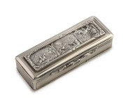 CAPTAIN SOMERSET, 51st REGIMENT: Antique silver snuff box with repousse coursing scene decoration, engraved inside the lid "PRESENTED TO Capt. Somerset HM 51st REGT, as a token of respect for his kindness and humanity shown to his obed.t & industrious ser