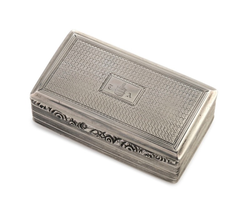 SYDNEY MASONIC INTEREST: Antique sterling silver snuff box with gilt washed interior, engraved "PRESENTED TO Br. Thomas Aspinwall [sic], late Secretary of the Lodge of Australia [5]48? [or 348?] at a Dinner given to him on the 7th of April 1845 by his Mas