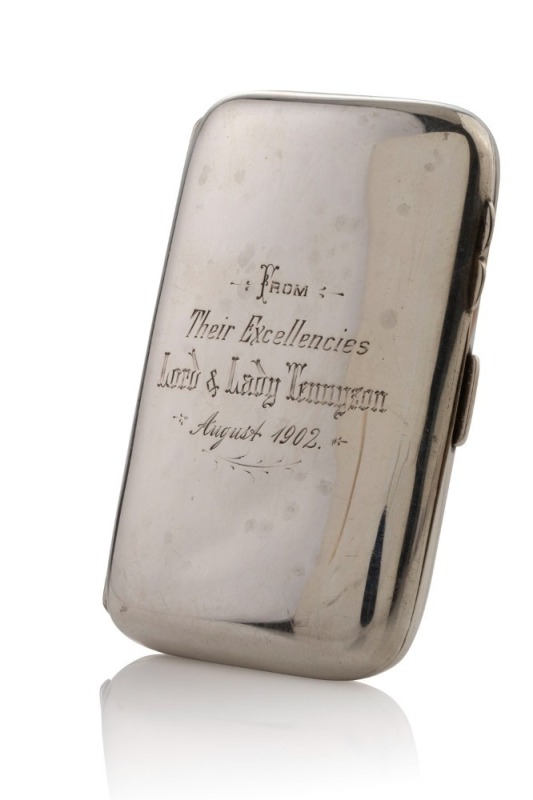 LORD & LADY TENNYSON: Antique sterling silver cigarette case engraved "FROM Their Excellencies Lord & Lady Tennyson, August 1902" and on reverse "Southwell Jones, FROM Col. L. G. Madley., August 1906", made by Arthur Cook, Birmingham, circa 1901, 8cm, 57