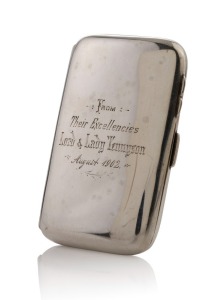 LORD & LADY TENNYSON: Antique sterling silver cigarette case engraved "FROM Their Excellencies Lord & Lady Tennyson, August 1902" and on reverse "Southwell Jones, FROM Col. L. G. Madley., August 1906", made by Arthur Cook, Birmingham, circa 1901, 8cm, 57 grams