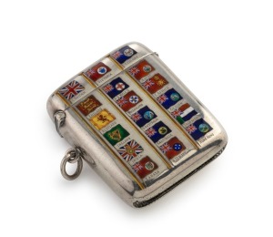 PRINCE ALFRED YACHT CLUB (Sydney). BRONZEWING: Attractive sterling silver vesta case emblazoned with the yacht name "Bronzewing" which belonged to SAMUEL HORDERN. Reverse impressively decorated with eighteen British Commonwealth flags in coloured enamel. Made in Birmingham, circa 1907 by Benzie Of Cowes, 5.5cm high, 49 grams total