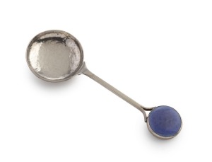 SARGISON of HOBART: Australian silver hand-beaten Arts & Crafts serving spoon with Ruskin stoneware pottery finial, circa 1930s, stamped "SARGISON, SILVER", 12cm long