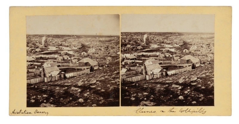 [VICTORIAN GOLD MINING], stereoview card, CLUNES ON THE GOLDFIELDS, circa 1865, unknown photographer; with two albumen paper prints, each 70 x 72mm mounted on the original cream-coloured card with manuscript endorsement below "Australian Scenery. Clunes o