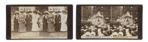 [VIDA GOLDSTEIN, SUFFRAGETTES]. 1911 pair of vintage silver gelatin photographs, in stereo card format, each with a serial number “11,950” or “11,951”, title with captions, "Great Suffragette Demonstration In London. Mrs. Fisher, Mrs, McGowen and Miss Vid