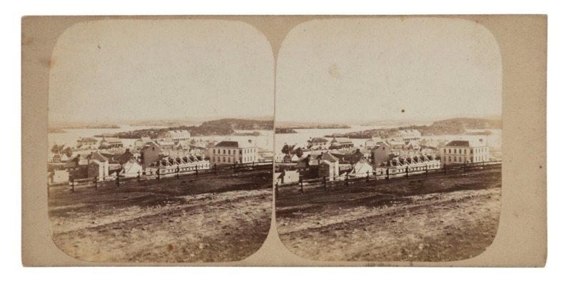 WILLIAM HETZER (active in New South Wales 1850 - 1867), stereoview card of MILLER'S POINT from the Flagstaff, circa 1858 stereoscopic albumen print photographic pair, each approx. 80 x 74mm and laid down on the original plain grey card, overall 82 x 172mm