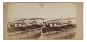 WILLIAM HETZER (active in New South Wales 1850 - 1867), stereoview card of MILLER'S POINT from the Flagstaff, circa 1858 stereoscopic albumen print photographic pair, each approx. 80 x 74mm and laid down on the original plain grey card, overall 82 x 172mm; verso with contemporary mss caption "Parramatta River from the Flagstaff".