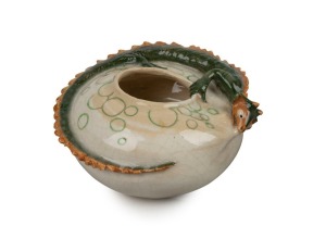 MARGUERITE MAHOOD pottery vase with applied dragon decoration, glazed in green and orange, incised "Marguerite Mahood" with additional monogram mark, 7cm high, 15cm wide