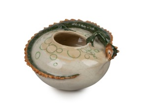 MARGUERITE MAHOOD pottery vase with applied dragon decoration, glazed in green and orange, incised "Marguerite Mahood" with additional monogram mark, ​​​​​​​7cm high, 15cm wide