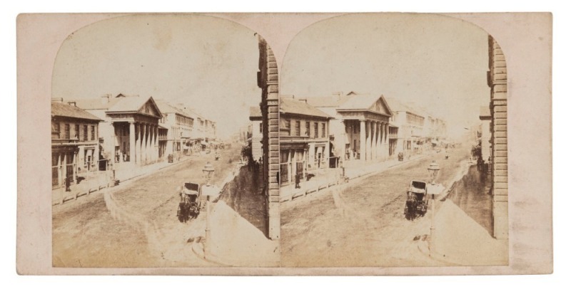 WILLIAM HETZER (active in New South Wales 1850-1867), stereoview card of GEORGE STREET, SYDNEY, circa 1863 stereoscopic albumen print photographic pair, each approx. 80 x 75mm and laid down on the original plain grey card, overall 85 x 173mm; verso with c