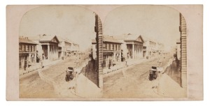 WILLIAM HETZER (active in New South Wales 1850-1867), stereoview card of GEORGE STREET, SYDNEY, circa 1863 stereoscopic albumen print photographic pair, each approx. 80 x 75mm and laid down on the original plain grey card, overall 85 x 173mm; verso with contemporary mss caption "George Street, Sydney".