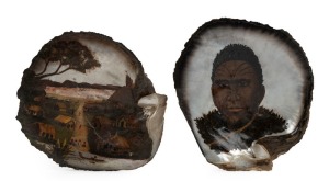 JOHN PHILEMON BACKHOUSE (attributed) hand-painted pearl shell with Maori portrait; together with a hand-painted pearl shell depicting pā village scene, 19th/20th century, (2 items), the larger 20 x 21cm