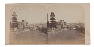 WILLIAM HETZER (active in New South Wales, 1850-1867), stereoview card of the AUSTRALIAN CLUB, BENT STREET, circa 1859 stereoscopic albumen print photographic pair, each approx. 78 x 75mm and laid down on the original plain pink card, overall 85 x 173mm; verso with contemporary mss caption "Australian Club. Bent Street.". One other example recorded in the National Library of Australia collection.