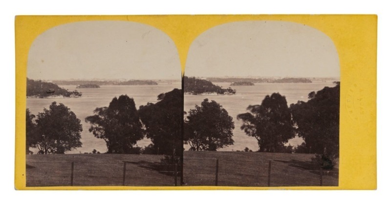 WILLIAM HETZER (active in New South Wales 1850-1867), stereoview card, THE HARBOUR FROM ROSE BAY, circa 1860 stereoscopic albumen print photographic pair, each approx. 80 x 75mm and laid down on the original Hetzer embossed yellow card, overall 84 x 174mm