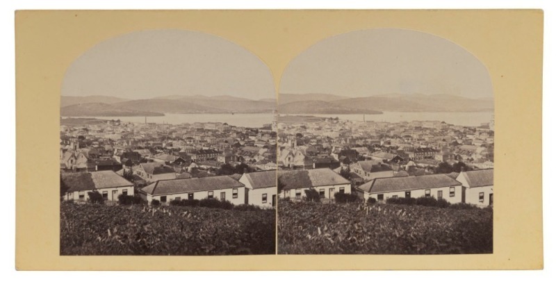 SAMUEL CLIFFORD, TASMANIA, (1827-1890), a group of four stereoview cards, each with his label and annotations verso: I.) "Richmond Township", II.) "Top of Melville Street", III.) "From Fitzroy Crescent", ​​​​​​​IV.) "A ploughed field from Upper Ice House"