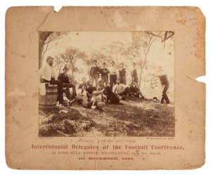 [AUSTRALIAN RULES FOOTBALL - J.H. BEAUMONT, PHOTOGRAPHER]. A group of three albumen paper prints, each approx. 16 x 20.5cm and laid down on individual Beaumont cards, all with the printed titles "Picnic Given to the Intercolonial Delegates of the Football