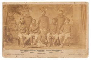 RICHARDS & CO., SYDNEY and BALLARAT, PHOTOGRAPHERS: "The Capturers of the "Moonlight" Gang of Bushrangers" cabinet card size albumen paper print laid down on printed card, with the title, names of the policemen, and Richards & Co's details below the image; verso, details of the studio in William Street Sydney and details of their appointment as "Official Portrait and Landscape Photographers to the Sydney International Exhibition, 1879." overall 160 x 108mm. Other annotations and handstamps verso
