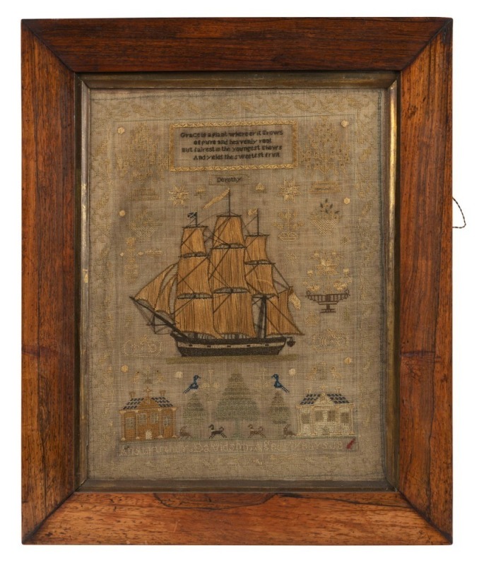 ANSTRUTHER DONALDSON née Davidson, (SCOTLAND & AUSTRALIA). Fine antique sampler of the Dundee whaler, Dorothy, circa 1836.