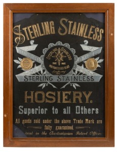 "STERLING STAINLESS HOSIERY" antique point of sale advertising poster with attractive silver and gold embossed lettering on black card. Awarded a gold medal at the 1895 Tasmanian Exhibition. 69 x 53cm overall