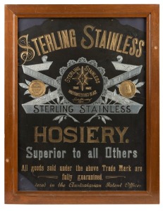 "STERLING STAINLESS HOSIERY" antique point of sale advertising poster with attractive silver and gold embossed lettering on black card. Awarded a gold medal at the 1895 Tasmanian Exhibition. ​​​​​​​69 x 53cm overall