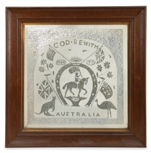 "GOD BE WITH AUSTRALIA 1914 TO 1919" WW1 period patriotic pictorial silver foil mirror, housed in a period oak frame, 60 x 59cm overall