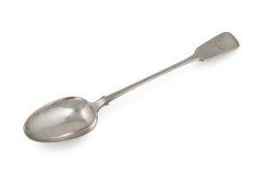 SIR JOHN FRANKLIN (Lieutenant-Governor of Van Diemen's Land from 1837 to 1843) sterling silver basting spoon, engraved with the family crest, retailed and engraved by the Sydney silversmith RICHARD LAMB, circa 1840, stamped "LAMB" with lion passant, male monarch's head, leopard's head and date letter "A", 31.5cm long, 132 grams