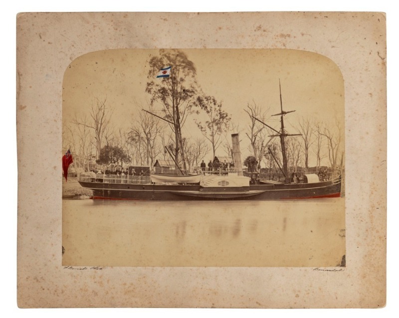 Frederick CORNELL (c.1833 - 1890), The P.S. Avon at Bairnsdale, circa 1880, albumen paper print with some hand-colouring, laid down on card; the image approx. 23 x 29cm; the card 30.5 x 38cm.; signed below the mount "F. Cornell" and titled "Bairnsdale".