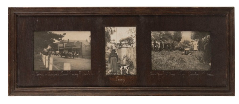 "FANNY'S FUNERAL" series of three black and white albumen prints, framed together, and captioned on the oak mount: