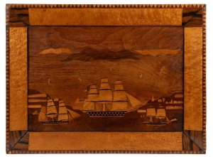 An antique maritime marquetry panel depicting three assorted ships flying the Union Jack, the French tri-colours and the American stars and stripes, housed in original parquetry frame, timbers include birdseye maple, rosewood, mahogany, ebony and others, early to mid 19th century, 52 x 69.5cm overall