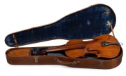 A rare antique Australian violin, crafted from eucalypt and fiddleback blackwood, 19th century, housed in a period fiddleback blackwood and cedar case with blue velvet lined interior, 60.5cm long