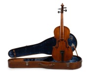 A rare antique Australian violin, crafted from eucalypt and fiddleback blackwood, 19th century, housed in a period fiddleback blackwood and cedar case with blue velvet lined interior, 60.5cm long - 2