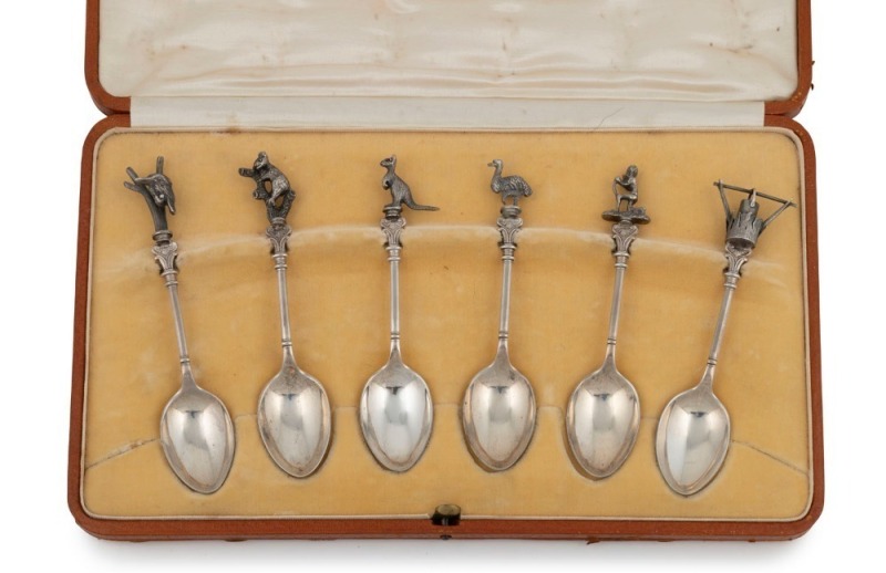 HARDY BROTHERS set of six sterling silver spoons with Australian themed finials comprising of a kangaroo, kookaburra, koala, emu, Aboriginal figure, and a boiling Billy, made in Birmingham, and housed in original plush fitted box, early 20th century, the