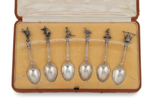 HARDY BROTHERS set of six sterling silver spoons with Australian themed finials comprising of a kangaroo, kookaburra, koala, emu, Aboriginal figure, and a boiling Billy, made in Birmingham, and housed in original plush fitted box, early 20th century, the box 26cm wide, 88 grams silver weight