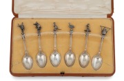 HARDY BROTHERS set of six sterling silver spoons with Australian themed finials comprising of a kangaroo, kookaburra, koala, emu, Aboriginal figure, and a boiling Billy, made in Birmingham, and housed in original plush fitted box, early 20th century, the