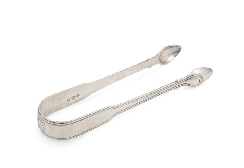 SIR JOHN FRANKLIN (Lieutenant-Governor of Van Diemen's Land from 1837 to 1843) sterling silver sugar tongs, engraved with the family crest, made by Thomas Barker of London, circa 1830, ​​​​​​​15cm long, 48 grams