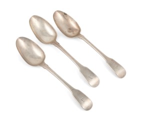 ALLPORT FAMILY of Van Diemen's Land set of three Australian silver fiddle pattern tablespoons by Hobart silversmith DAVID BARCLAY, circa 1830s, stamped "D.B." with lion passant, leopard's head, kings head, and date letter. 22cm long, 240 grams total