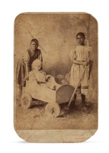 ALPHONSE CHARGOIS (1860-1936), Daisy Belle, Jack Kinmont Moir and Rose-Marie, Delta Downs, 1890s, albumen paper photograph laid down on the photographer's cabinet card, inscribed verso: "Daisy Bell, Jack Kinmont Moir and Rose-Marie, Delta", inscribed on margin in text "A. Chargois. Croydon and Normanton", image 14.5 x 10cm. Provenance: The Denis Joachim Collection, Part II, Melbourne, 28/06/2017, Lot No. 28.