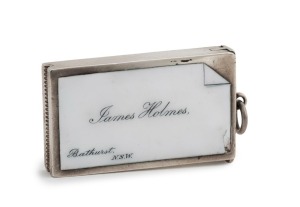 An antique sterling silver and enamel vesta case with calling card decoration "JAMES HOLMES' Bathurst, N.S.W.", made in Birmingham, (maker's marks rubbed), early 20th century, 6cm high, 52 grams