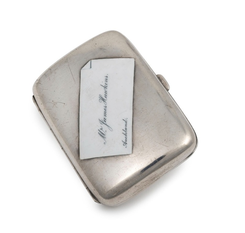 An antique sterling silver and enamel cigarette case with calling card decoration "MR. JAMES HAWKINS, Auckland", made in Birmingham, circa 1897, 9cm wide, 122 grams